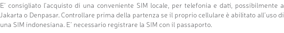E’ consigliato l’acquisto di una conveniente SIM locale, per telefonia e dati, possibilmente a Jakarta o Denpasar. Controllare prima della partenza se il proprio cellulare è abilitato all’uso di una SIM indonesiana. E’ necessario registrare la SIM con il passaporto.